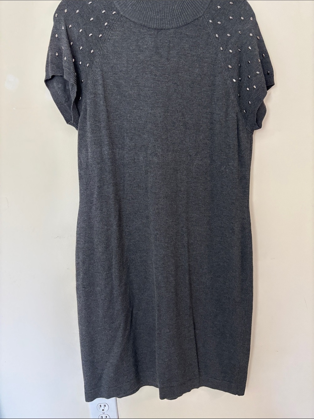 AB Studio Dark Gray Short-Sleeve Knit Midi Dress with Shoulder Studs